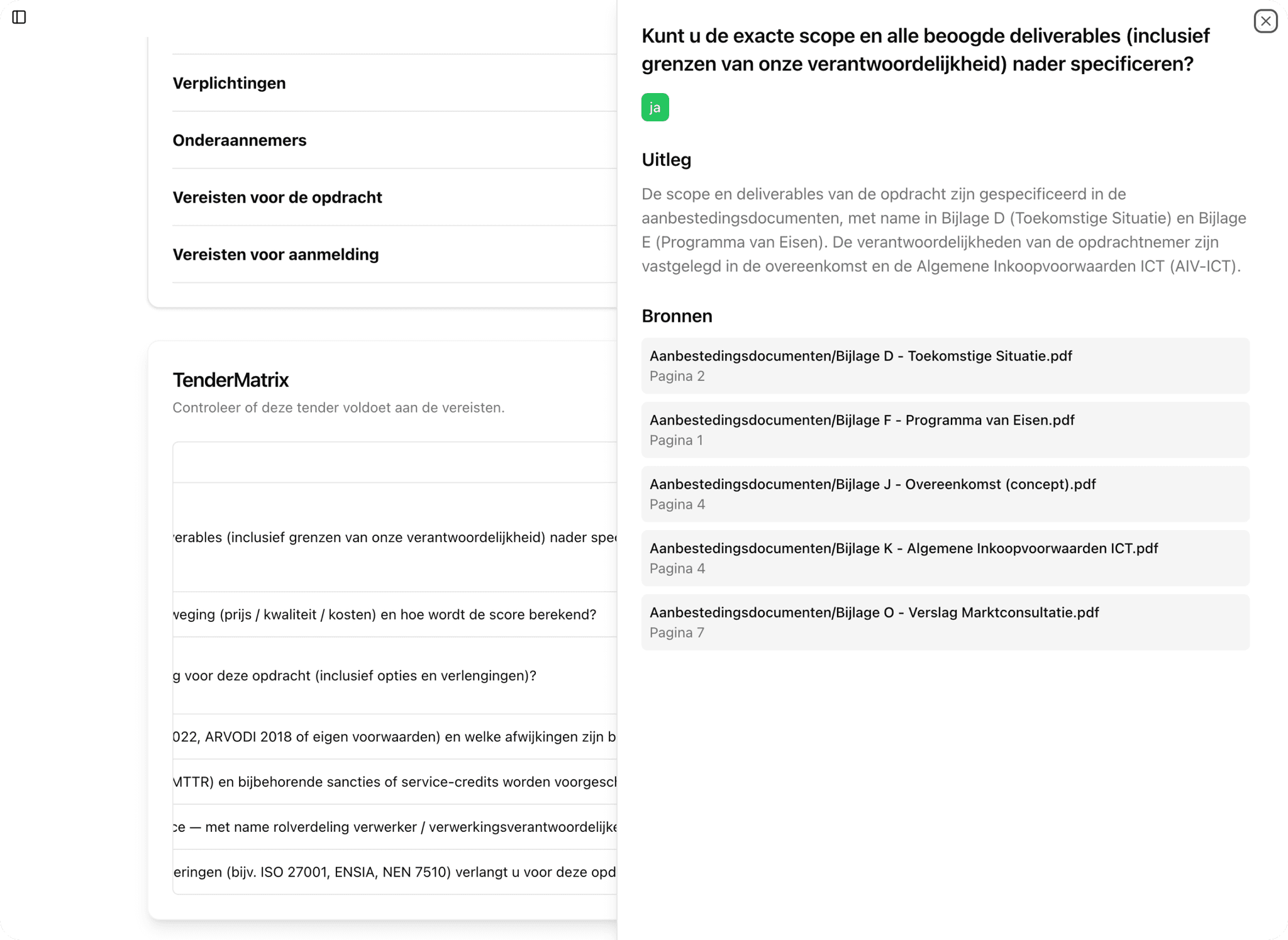 Tender Matrix interface met automatische analyse en bronverwijzingen