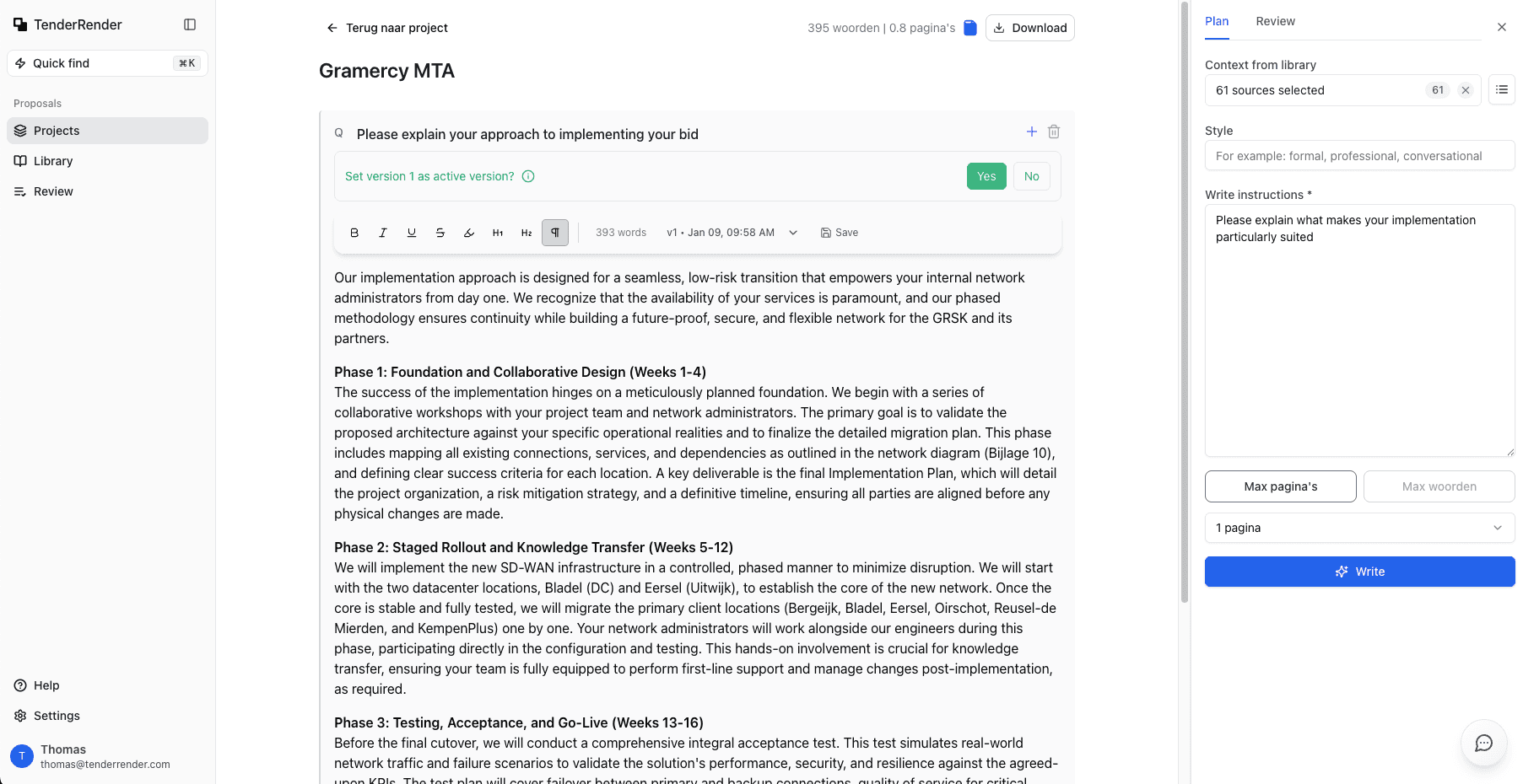 TenderRender AI Schrijfassistent interface