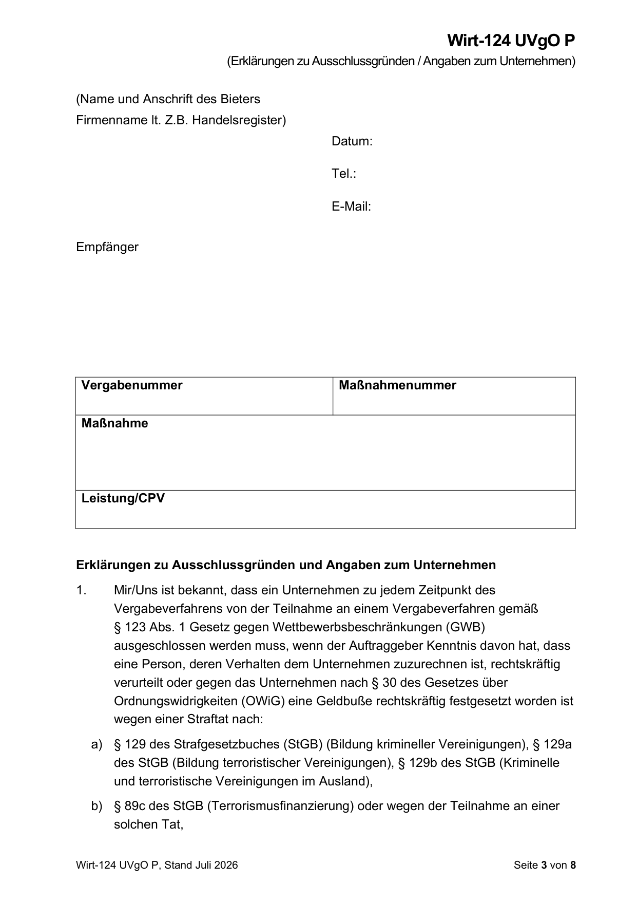 The form as supplied: empty, without form fields