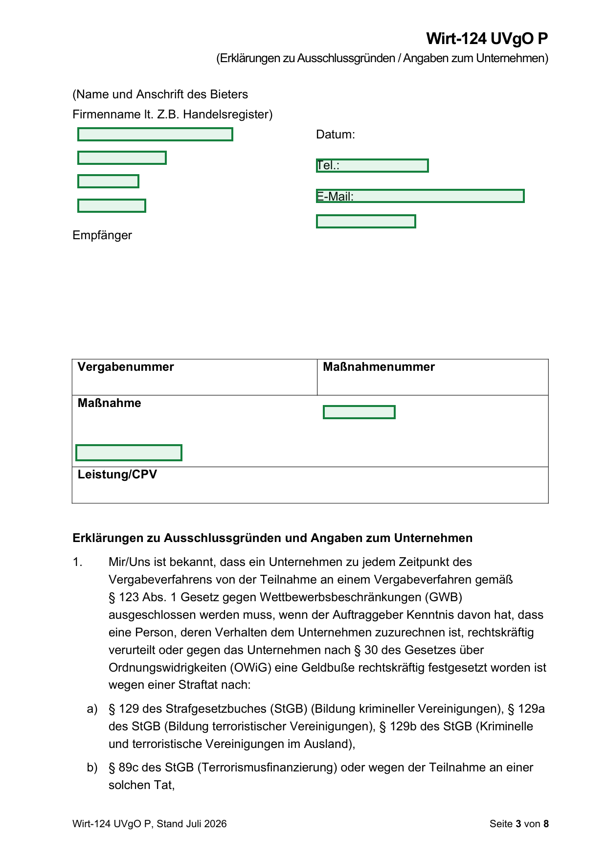 The software has drawn the answer slots: green boxes on the still-empty form