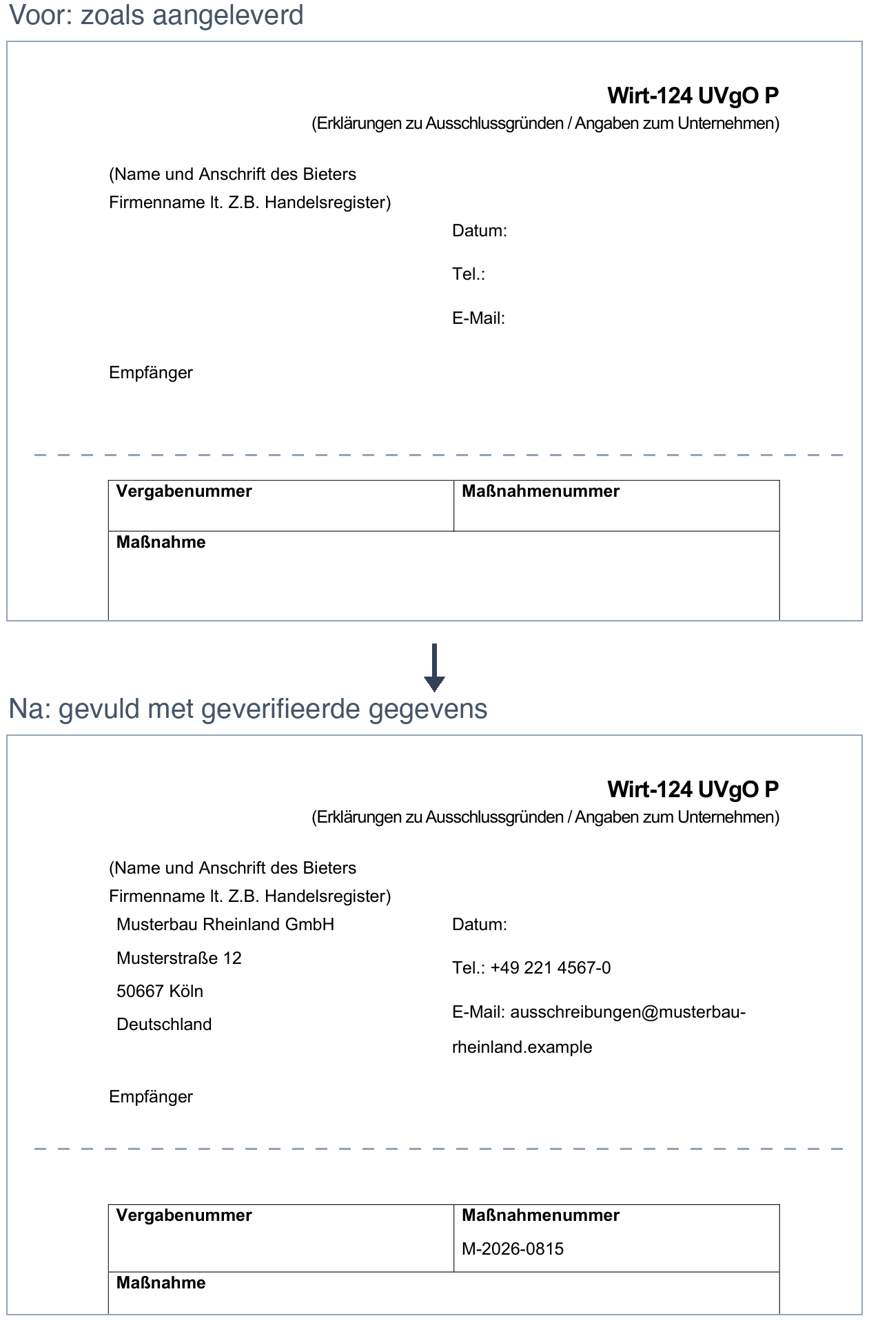 Before and after: the form as supplied on the left, filled with verified data on the right