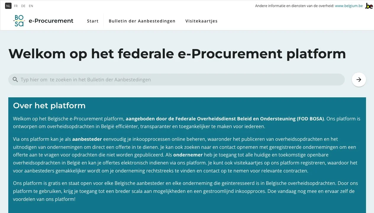 Screenshot van de website van BOSA e-Procurement