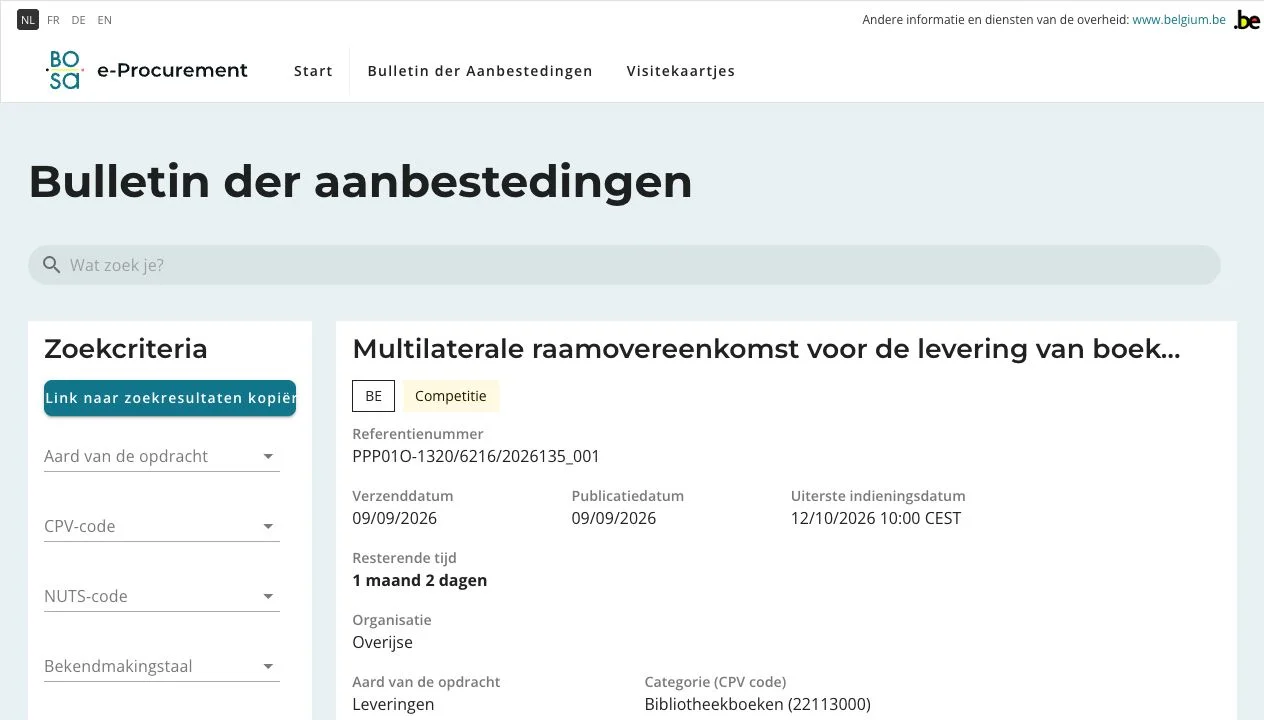 Zoekfilters en resultaten in het Bulletin der Aanbestedingen