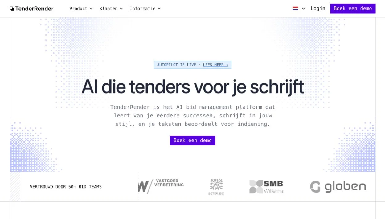 Screenshot van de website van TenderRender