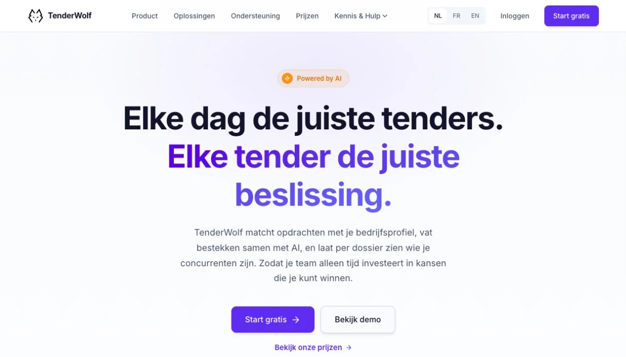 Screenshot van de website van TenderWolf